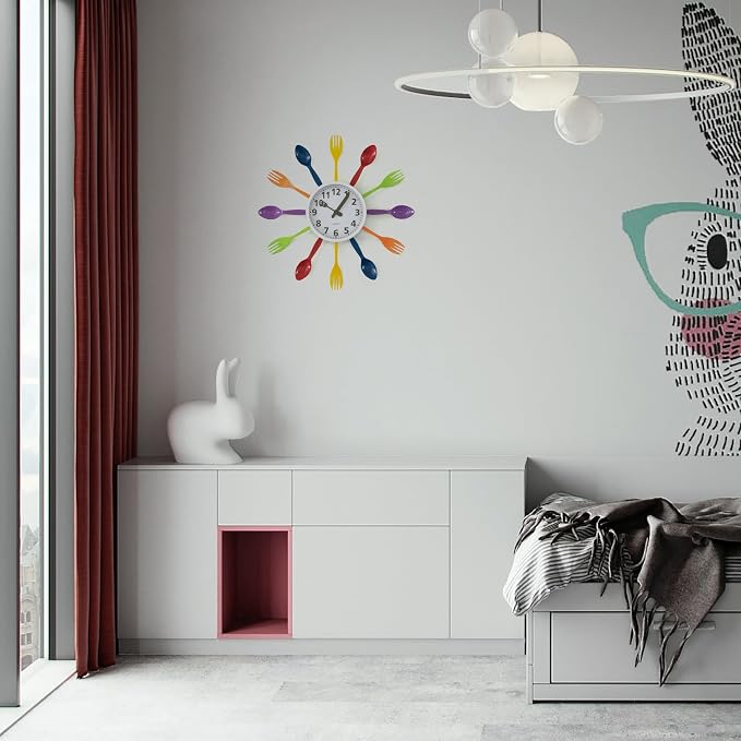 Clockswise Bulk Set of 10PC 14" Oversized Decorative 3D Cutlery Utensil Spoon and Fork Wall Clock, Multicolor Design for Vibrant Kitchen, Playroom, or Bedroom Decor, Battery-Operated Silent Sweep, by Clockswise