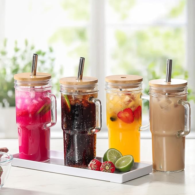 4Pack 24oz Glass Tumbler Cup with Bamboo Handle Lids and Straws, Mason Jars with Wide Mouth Iced Coffee Cup Reusable Drinking Glasses Travel Mug for Smoothie Beer Juice Tea