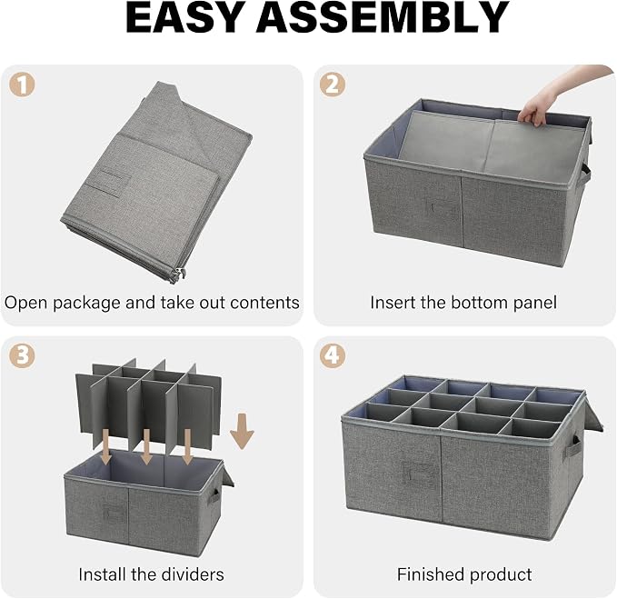 LotFancy Stemware Storage Container for Moving, Hard Shell, Wide Wine Glass Storage Box with Dividers & Handles, Stackable, Foldable Crystal Glassware Case, 21”x15.5”x10”, Grey - Image 6