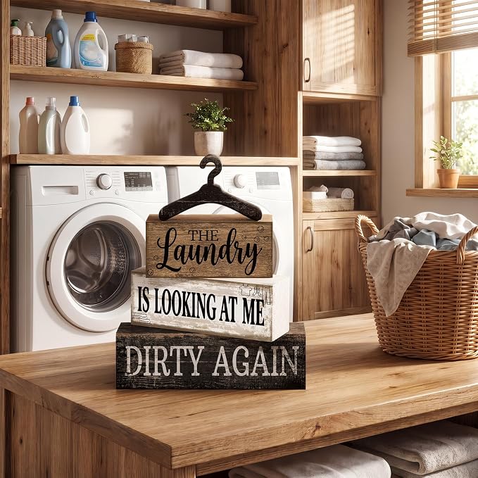 Moucuny 4 Pcs Farmhouse Laundry Room Decor and Accessories Stacked Blocks The Laundry Is Looking at Me Dirty Again Wooden Signs with Vintage Hanger - Rustic Farmhouse Sign for Home Bathroom Shelf Gift - Image 4