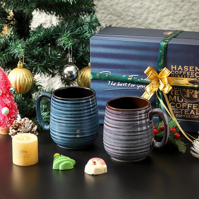 HASENSE Ceramic Coffee Mug Set, 20 Oz Tea Cups for Women and Men, Premium Large Latte Mugs with Handle, Gift Cup with Coaster & Gold Spoon for Couples, Blue & Purple - Image 3