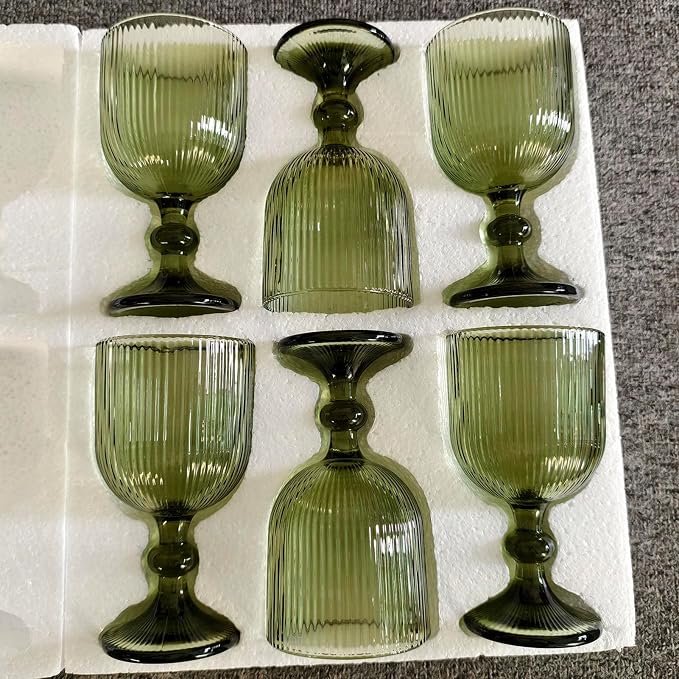 Taganov Green Drinking Glasses set of 6 Big Wine Goblets Vintage Colored Glassware 13 oz for Wedding Party Bar Vertical Line Embossed Pattern Stemmed Cups 400ml - Image 7