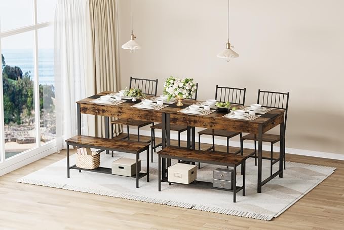 GarveeHome Dining Table Set for 4,Kitchen Table with Bench & 2 Chairs,Retro | Includes Storage Rack & Drawers, Space-Saving，Rectangular Farmhouse Style, Perfect for Breakfast Nook - Image 4