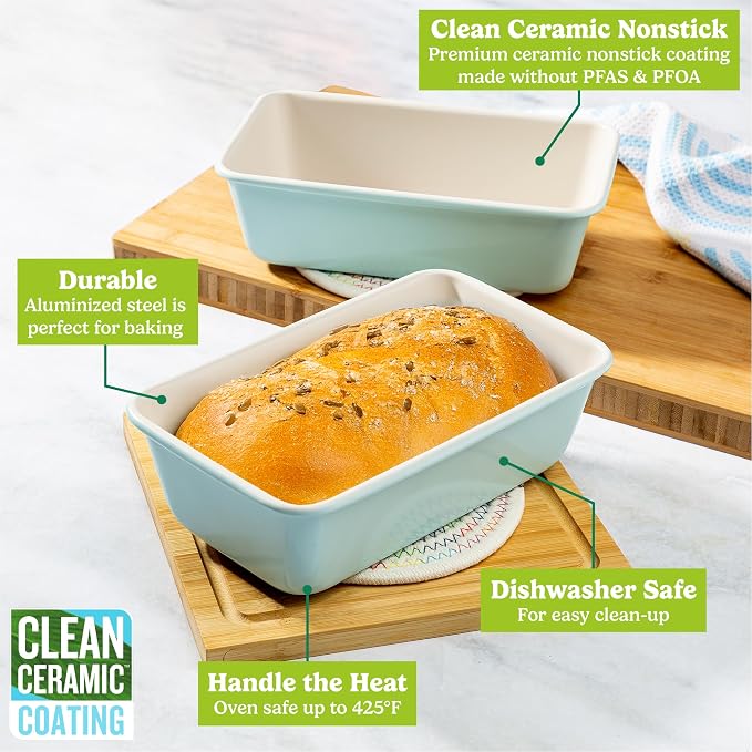 Tasty Clean Ceramic Loaf Pan Set, 2-Pack of 9-Inch x 5-Inch Cake Pans, Durable Aluminized Steel for Professional Results, Clean Ceramic Nonstick Coating, Oven Safe to 425°F, Dishwasher Safe, Aqua - Image 3
