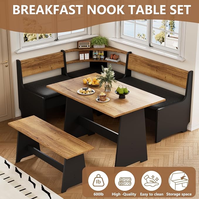 PAKASEPT Corner Breakfast Nook Table Set with Cushion, L-Shape Kitchen Dining Table with Bench, Farmhouse Wood Breakfast Nook Bench with Hidden Storage,Black - Image 6