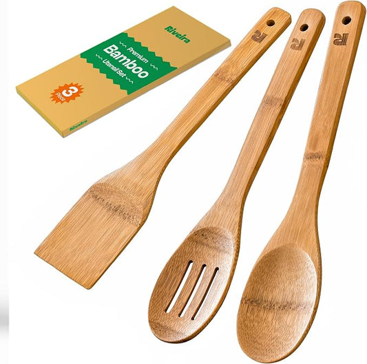 Riveira Dark Bamboo Wooden Spoons for Cooking 3-Piece, Apartment Essentials Wood Spatula Spoon Nonstick Kitchen Utensil Set Premium Quality Housewarming Gifts for Everyday Use by Riveira