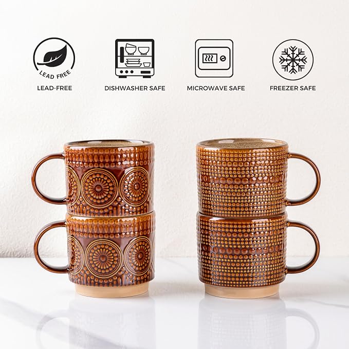 GBhome 12OZ Stackable Coffee Mugs, Ceramic Coffee Mugs with Texture Patterns for Man,Woman,Dad,Mom, Modern Coffee Mugs Set of 4 for Latte/Cappuccino/Cocoa. Dishwasher&Microwave Safe - Image 7