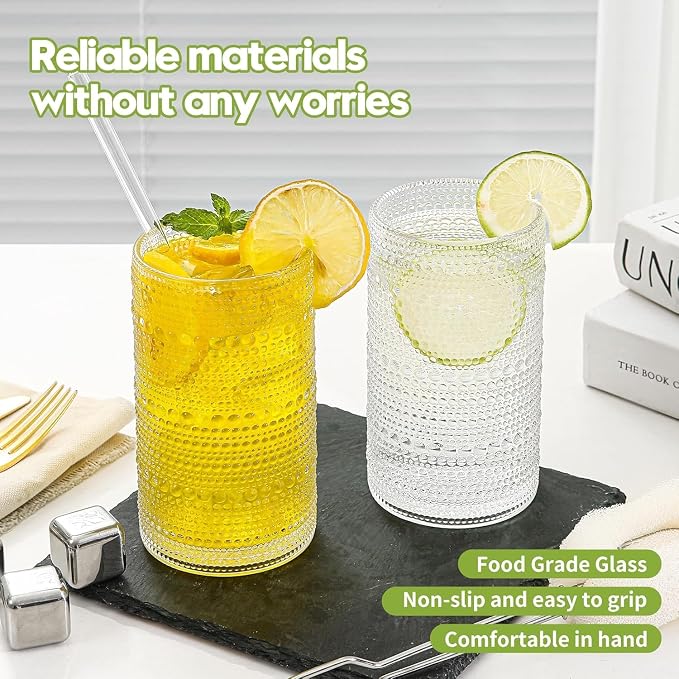 16oz Clear Hobnail Drinking Glasses with Straws Set of 12, Highball Glasses Cups, Kitchen Water Glasses Cup, for Cocktail, Juice, Whiskey, Milk and Various Mixed Drinks - Image 3