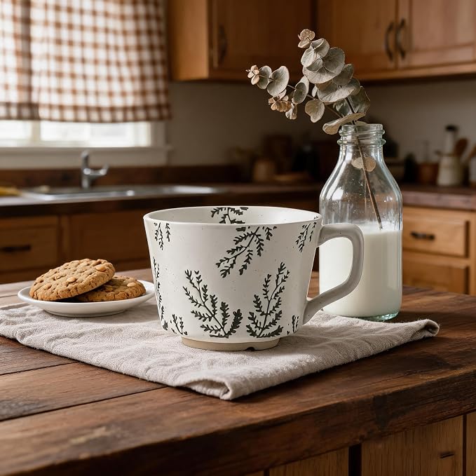4 Pack Speckled Ceramic Coffee Mugs, 12oz Vintage Green Fern Leaf Large Tea Cups, Rustic Handmade Style Drinking Mugs for Coffee Tea Cocoa Milk, Dishwasher Microwave Safe, Housewarming Gift Set - Image 2
