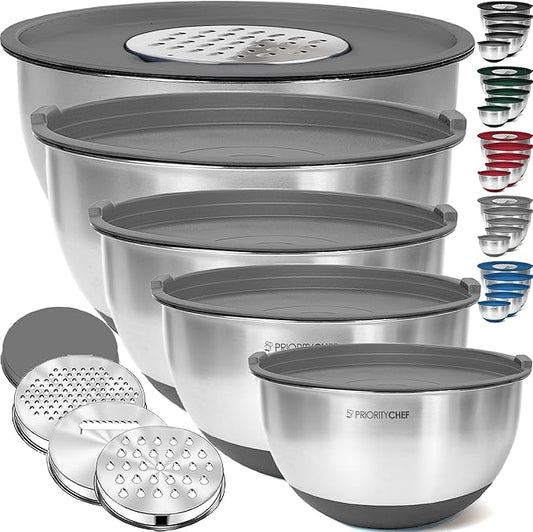 Priority Chef Stainless Steel Mixing Bowls with Lids Set, 3 Grater Attachments, Airtight Lids, Non-Slip Silicone Base Mixing Bowl Set, Large Prep Metal Mixing Bowls for Kitchen, Grey