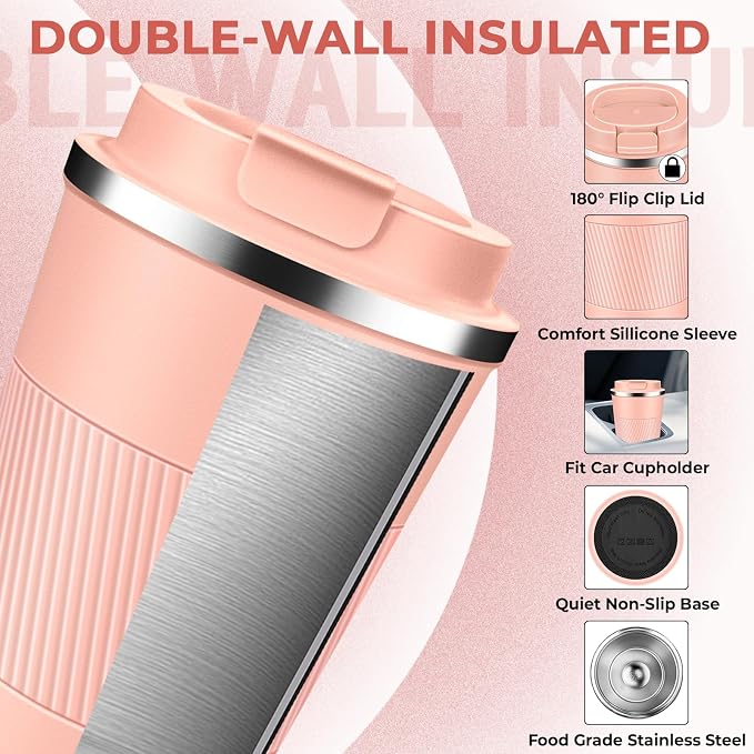 Insulated Coffee Tumbler 12 oz, Stainless Steel Coffee Mug with Lids, Travel Coffee Mug Leak Proof, Double Wall Vacuum Insulated Reusable Coffee Cup, Keep Drinks Hot and Cold (Peach Pink, 12 Ounces) - Image 4