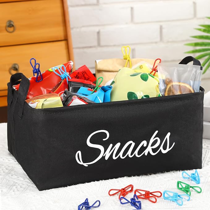 17 Pcs Snack Basket Sets, Snack Storage Bin for Pantry Shelves with 16 Pcs 2 Inch Chip Clips, Basket Organizer for Kitchen Home, Chips, Popcorn, Candy, Pretzels(Burlap,Black) - Image 2