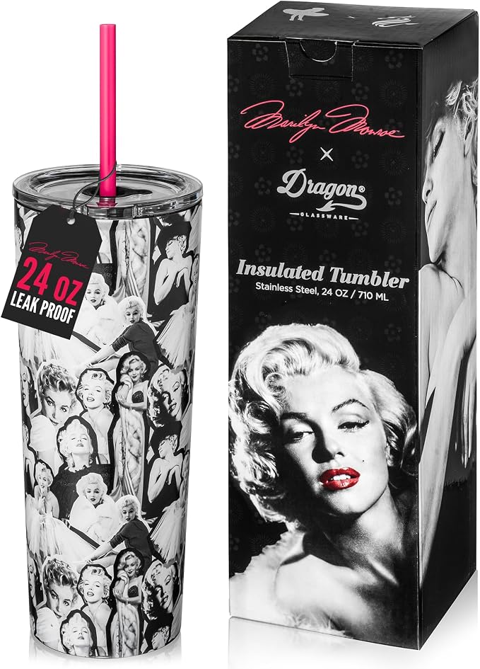 Dragon Glassware x Marilyn Monroe Tumbler with Straw & Lid, 24 oz | Vacuum Insulated Stainless Steel Tumbler with Straw & Lid; Double Walled Tumbler with Straw Charm; Marilyn Monroe Cup by DragonGlassware
