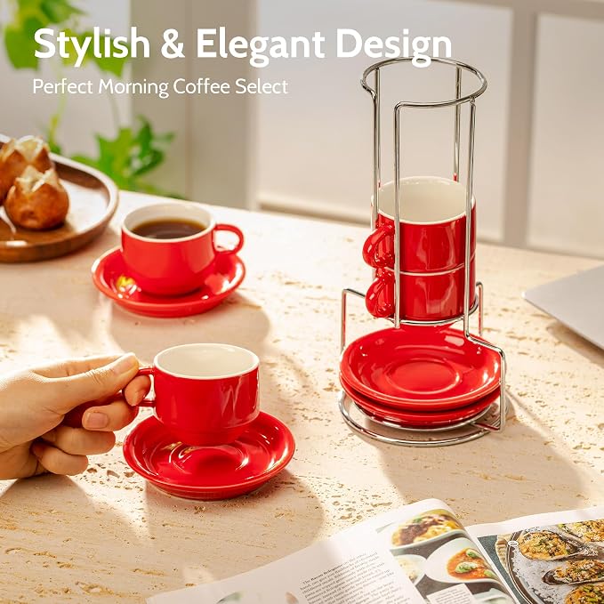 Sweese 4 Ounce Porcelain Stackable Espresso Cups with Saucers and Metal Stand Set of 4, Red - Image 3