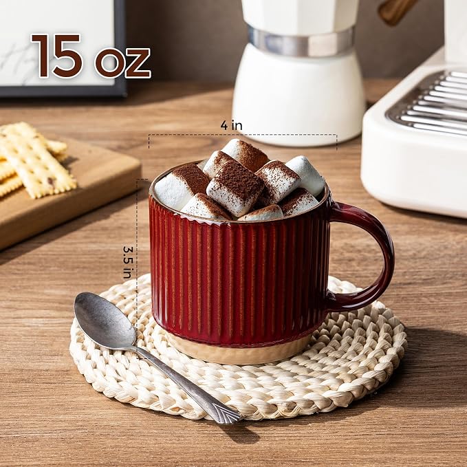 GBhome 15 OZ Stackable Coffee Mugs Set of 4, Ceramic Coffee Cups Set | 4 Assorted Designs, Embossed Mugs with Texture Patterns for Tea/Coffee, Dishwasher&Microwave Safe, Burgundy - Image 2