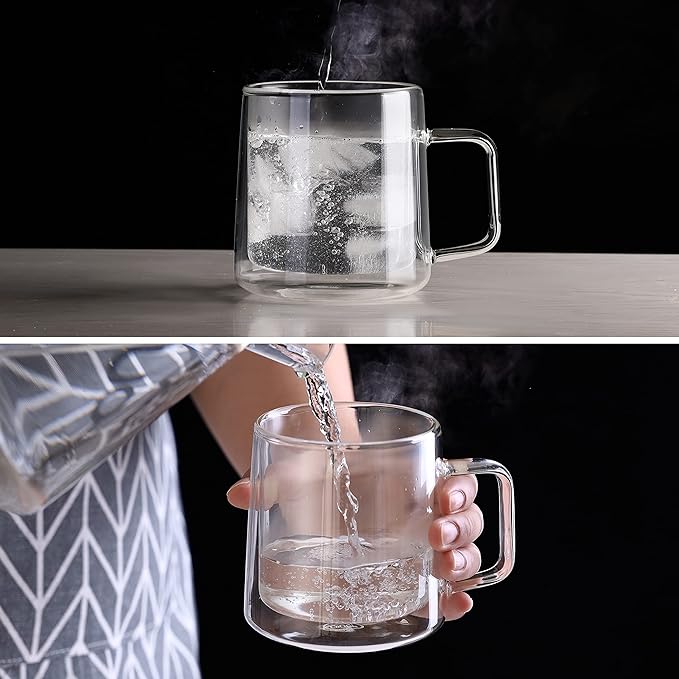 CNGLASS 10oz Glass Coffee Mugs,Double Wall Insulated Glass Mugs with Handle,Clear Espresso Mug for Latte,Cappuccino,Tea Bag,Set of 2