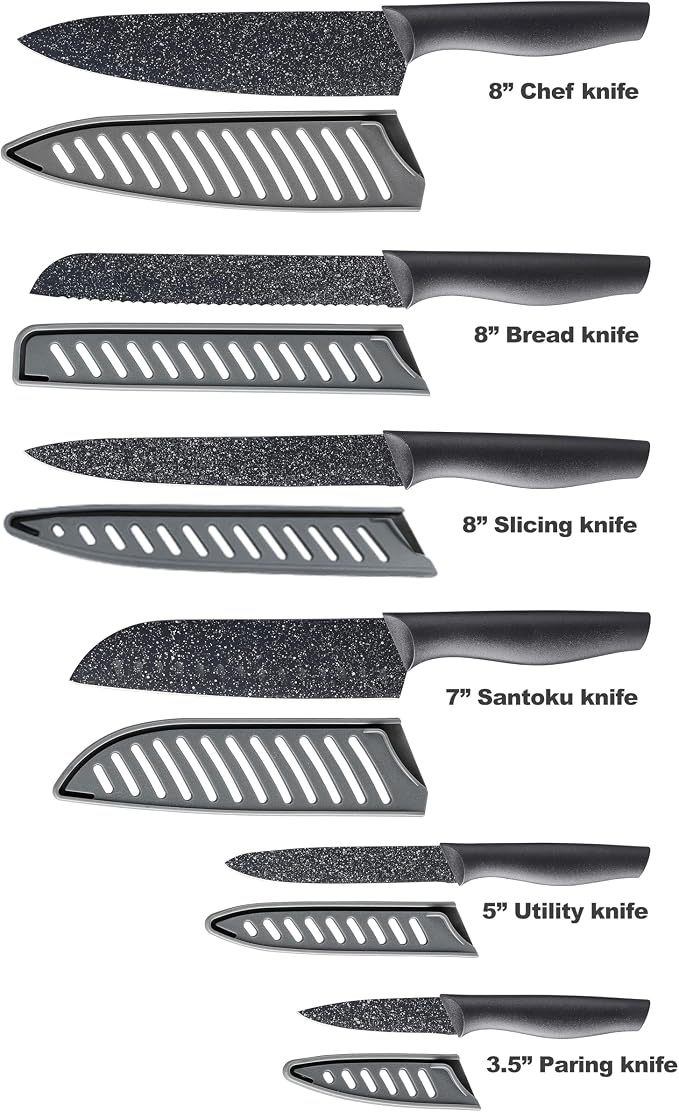 Marco Almond Kitchen Knife Set 12 PC Chef Knife Set Black | 6 Knives with 6 Blade Guards, Stainless Steel Knives Set for Kitchen, Anti-Rust,Ergonomic Handle,Full Tang,Gift Box - Image 2