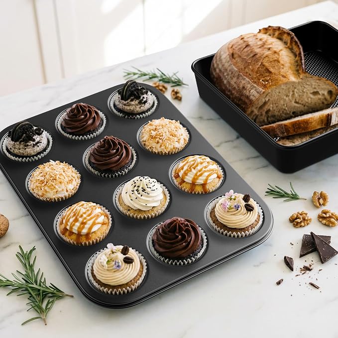 16-Piece Baking Pan Set, Nonstick Bakeware Set with Rack, Baking Sheet Set | Baking Sets with Oven Mitts, Donut Pan, and Heart Pan, Stackable Carbon Steel Baking Set with Kitchen Utensils, Black - Image 6