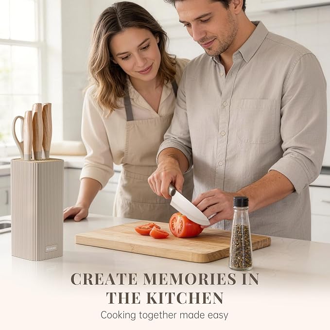 Astercook Knife Set, 6-Piece Kitchen Knife Set with Block, High Carbon Stainless Steel Ultra Sharp Kitchen Knives, Wood Grain Handle, Dishwasher Safe Knife Block Set, Khaki, Kitchen Utility Knives - Image 8