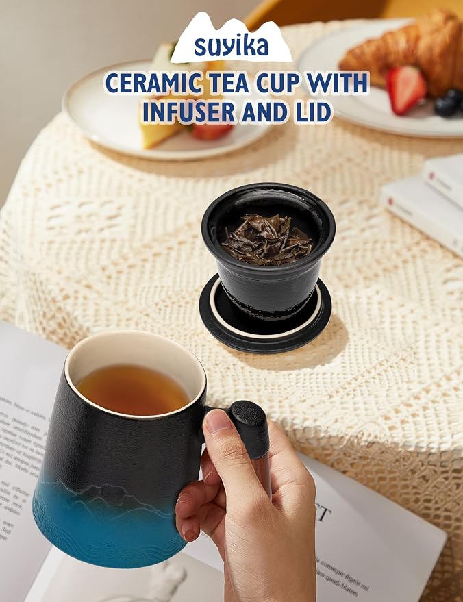 suyika Tea Cup with Infuser and Lid, 15.2 Ounce Wood Handle Ceramic Loose Leaf Mug Gradient Black&Blue 450ml - Image 2