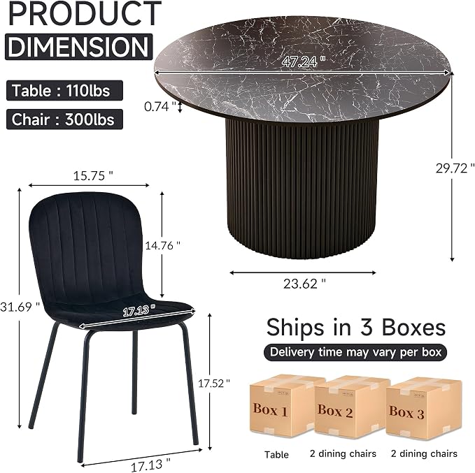 Dining Table Set for 4, 47 Inch Mid Century Modern Faux Marble Round Kitchen Table and Chairs, Space-Saving Small Dinette Set (Black Table+4 Black Chairs) - Image 5