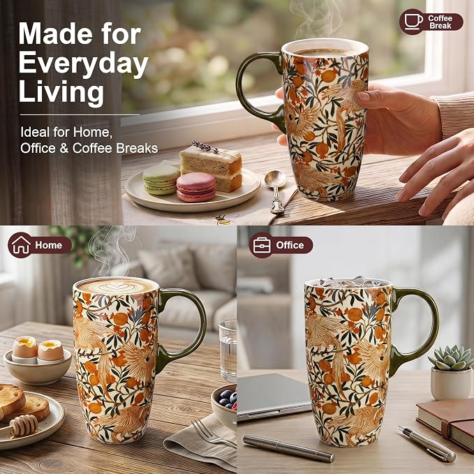 Topadorn 17oz Ceramic Travel Mug with Lid, William Morris, Gift Box | Pomegranate Parrot Coffee Mug, Vintage Botanical Latte Cup, Microwave & Dishwasher Safe - Image 5