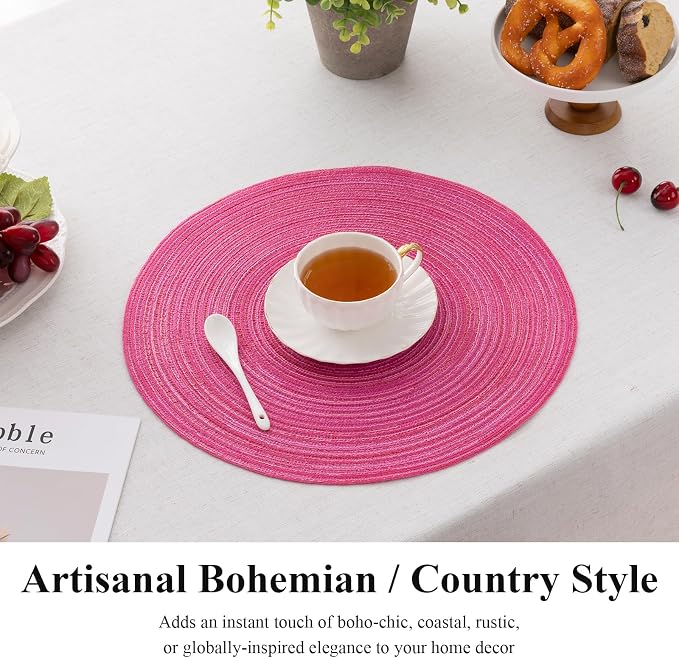 SHACOS Round Braided Placemats Set of 6 Cotton Polyester Woven Place Mats 15 inch Washable Table Mats for Kitchen Dining Tables (Hot Pink, 6) - Image 4