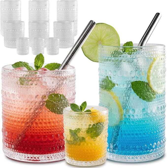 CycleMore 12Pc Vintage Hobnail Drinking Glasses, 12oz 10oz 4oz Clear Cup | BPA Free, Dishwasher Safe, Multisize Vintage Hobnail Glasses. Ideal for Juice, Cocktails, Whiskey, Smoothies & Espresso by CycleMore