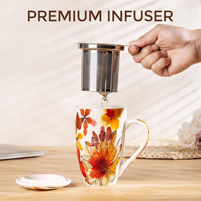 GBHOME Tea Mug with Infuser and Lid, 18 Ounce Large Ceramic Loose Leaf Cup, Microwave, Dishwasher Safe, Perfect for Tea Lovers