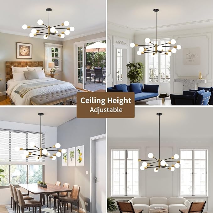 Sputnik Chandeliers Moderna Light Fixture, 12 Lights Black and Gold Mid Century Ceiling Chandelier, Height Adjustable for Living Room, Kitchen, Dining Room, Bedroom,Foyer - Image 3