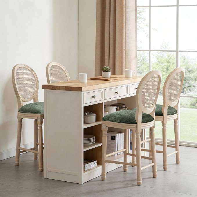 French Country Barstool, Linen Farmhouse Counter Height Chair | Set of 4, with Rattan Round Back and Solid Wood Legs, Oval Chairs for Restaurant, Bar, Kitchen, Café, Green - Image 2