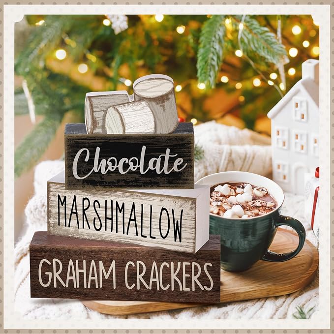Moucuny 4 Pcs Christmas Table Decoration Wooden Marshmallow Chocolate Christmas Tiered Tray Decor Xmas Centerpiece Decorative Hot Cocoa Marshmallow Block Signs Gift Winter Decoration for Home Kitchen - Image 6