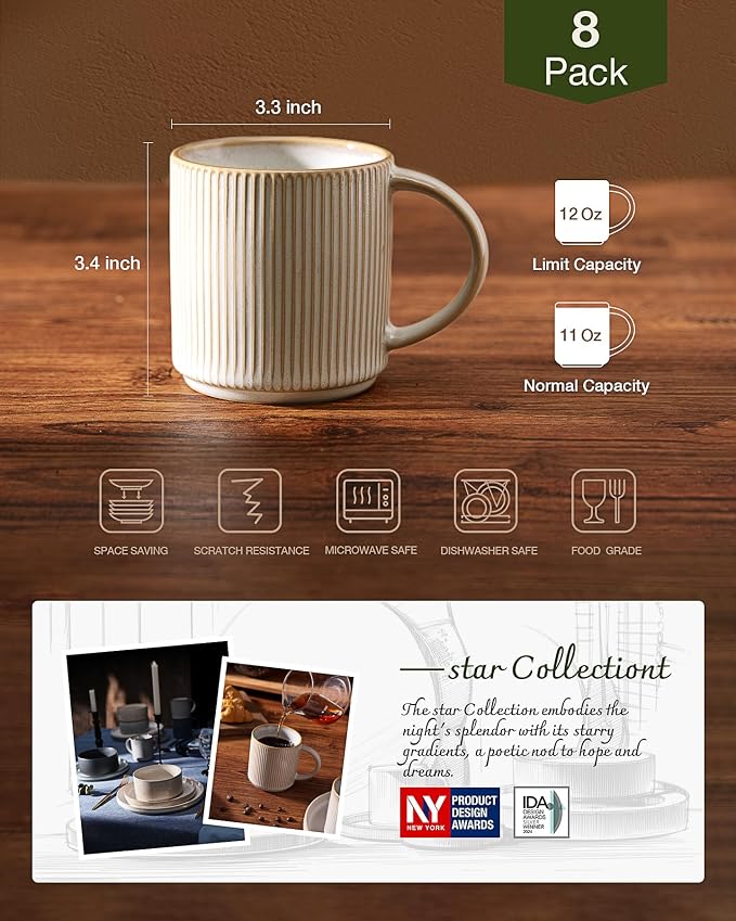 famiware Coffee Mug Set for 8, Star 12 oz Catering Mugs Cup Set with Handle for Coffee, Tea, Cocoa, Milk - Ceramic Stoneware Drinkware Set, Cappuccino White - Image 3