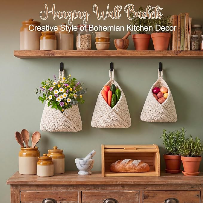 Honeydak Boho Decor Hanging Wall Baskets for Kitchen 3 Pack Teardrop Baskets with Hooks Storage Fruit Onion Vegetable Potato for Home 3 Sizes (White,Triangle,Cotton Rope) - Image 4
