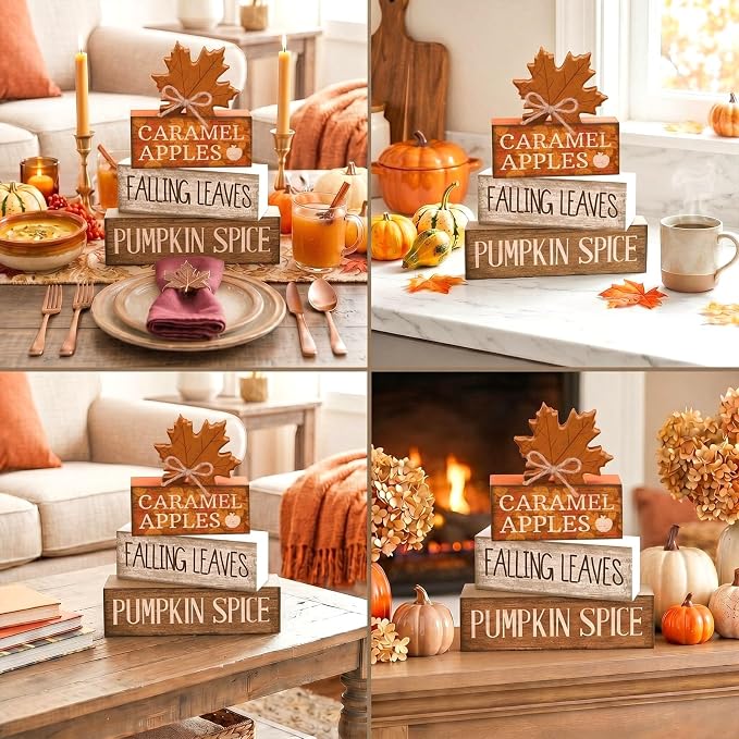 Moucuny 4 Pcs Fall Decor Wooden Maple Leaf Decoration Thanksgiving Tiered Tray Decor Rustic Wooden Maple Leaf Block Signs Thanksgiving Table Centerpiece Farmhouse for Autumn Harvest Party Kitchen Home - Image 5
