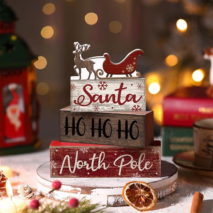 Moucuny 4 Pcs Reindeer Christmas Table Decor Wooden Reindeer Christmas Tiered Tray Decor Xmas Centerpiece Decorative Red Deer Pulled Sleigh Block Signs Gift Farmhouse Xmas Decoration for Home Kitchen - Image 4