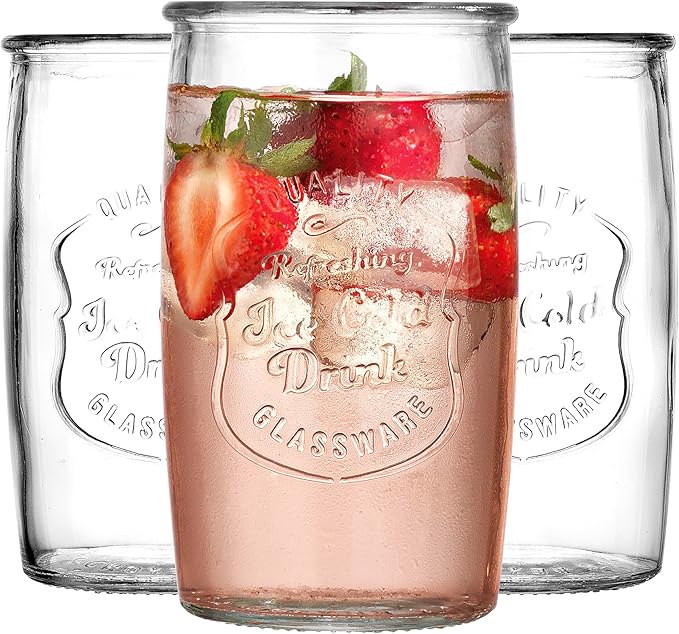 Glaver's Set of 8 Highball Glass Cups 20 OZ Stemless Tall Drinking Glasses For Everyday Use, Vintage Ice Cold Logo Tumbler Glassware for Bar, Juice, Cocktails, Beer, Water glasses. by Glavers