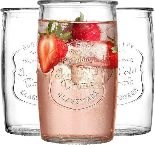Glaver's Set of 8 Highball Glass Cups 20 OZ Stemless Tall Drinking Glasses For Everyday Use, Vintage Ice Cold Logo Tumbler Glassware for Bar, Juice, Cocktails, Beer, Water glasses. by Glavers