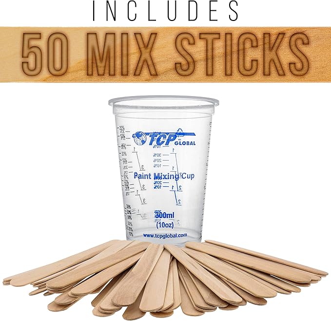 TCP Global 10 oz. (300ml) Graduated Plastic Mixing Cups - Box of 100 with 50 Mixing Sticks - Disposable Plastic Measuring Cups for Liquids, Paints, Resin, Epoxy, Art, Kitchen - Ratios 2-1, 3-1, 4-1 ML