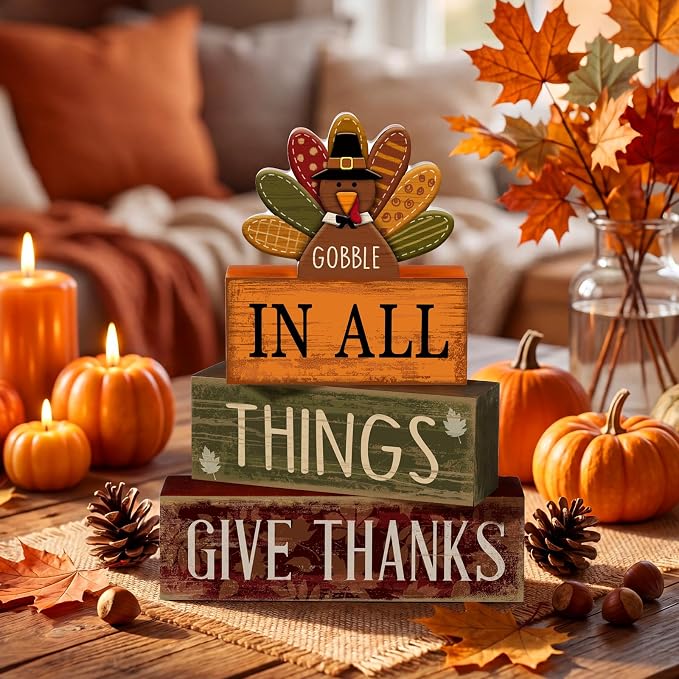 Moucuny 4 Pcs Fall Decorations for Home Wooden Turkey Decor Thanksgiving Tiered Tray Decor Thanksgiving Table Centerpiece Rustic Wooden Gobble Turkey Block Sign for Autumn Harvest Party Kitchen Shelf - Image 3