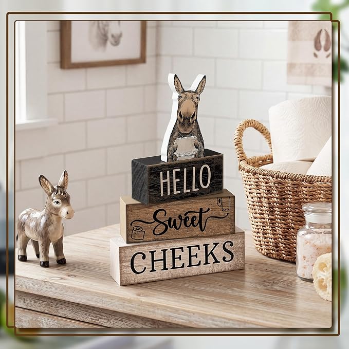 Moucuny 4 Pcs Donkey Bathroom Decor Set Farmhouse Bathroom Decor and Accessories Rustic Hello Sweet Cheeks Wooden Blocks Signs Funny Donkey Toilet Shelf Decoration for Home Office Half Bath - Image 4