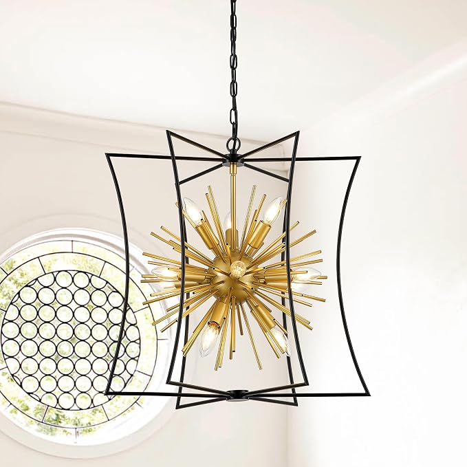 Modern 23.2" Black Gold Sputnik Chandelier for Dining Room Industrial Retro Geometric 12-Light Ceiling Pendant Light Fixture for Kitchen Island Bedroom Living Room Hallway Entryway Foyer by ProfessionalLightingFixturesManufacturer