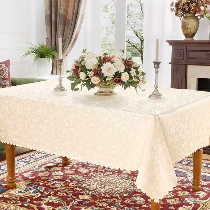 Smiry Rectangle Waterproof Heavy Duty Vinyl Tablecloths, 52 x 70 Inch | Wipeable Washable Floral Embossed Table Cover for Kitchen and Dining Room, Indoor & Outdoor Use, Beige - Image 2
