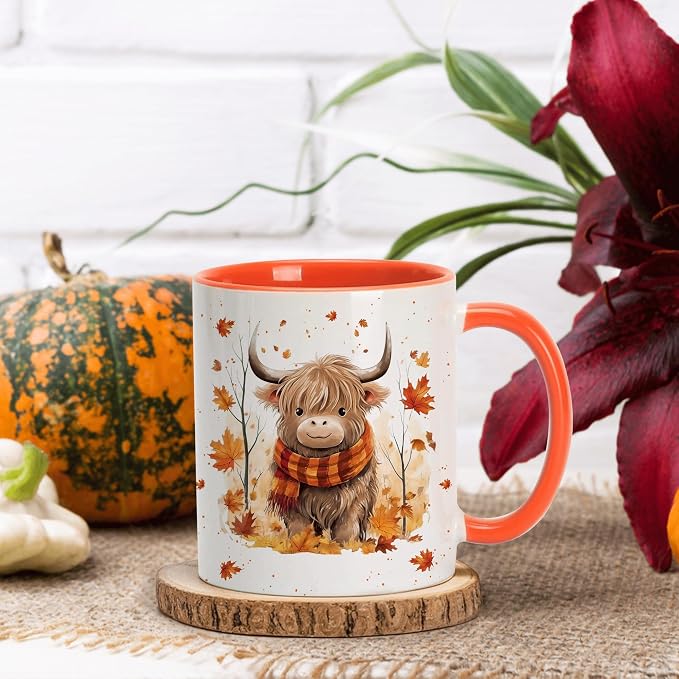 Hyturtle Fall Highland Cow Maple Leaves Coffee Mug Gifts For Cow Lovers | Fall Autumn Decor, Thanksgiving Gift, Premium 11oz White Ceramic Mug, Print on Both Sides, Perfect for Hot or Cold Coffee Tea - Image 2