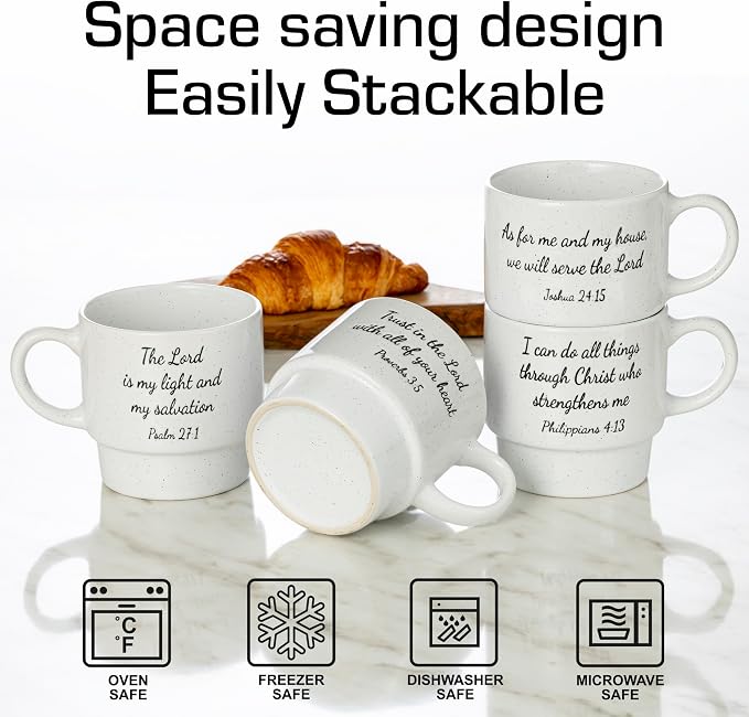 Signature Housewares Stackable Coffee Mug Tower Set with Metal Wire Rack - 15 Ounce Coffee Mugs for Coffee, Tea, Cocoa, Milk, Cappuccino, Hot Chocolate Set of 4 - Inspirational Bible Verses - Image 5