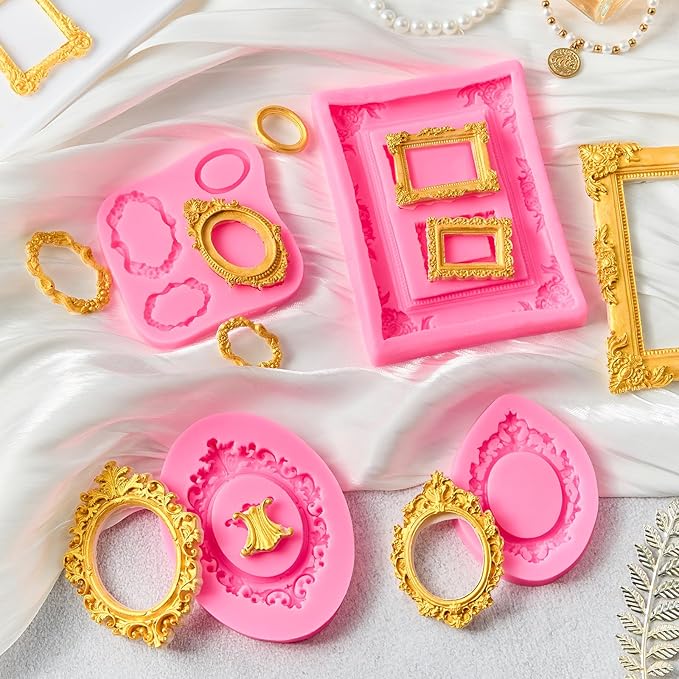 4 Pcs Photo Frame Silicone Molds, Baroque Style Picture Photo Frames and Mirrors Fondant Molds for Cupcake Topper, Chocolate, Candy, Donut Cake Puck Decoration and Clay Craft Making