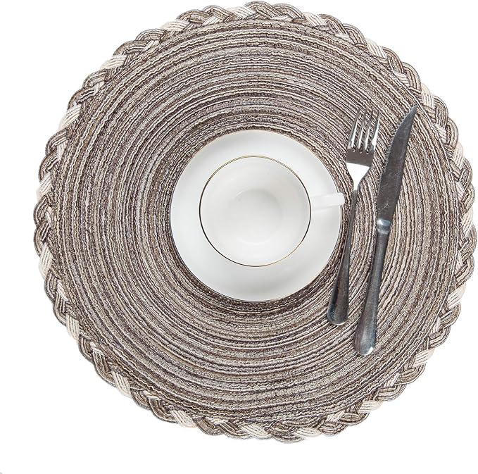 SHACOS Round Placemats Set of 4 Braided Glitter Round Table Placemats 15 inch for Wedding Holiday Party (Multicolor-Light Coffee, 4) - Image 7