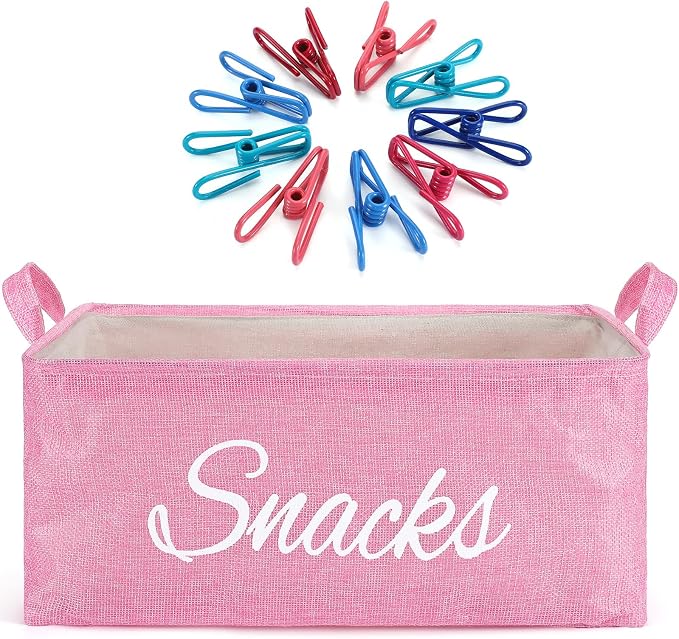 17 Pcs Snack Basket Sets, Snack Storage Bin for Pantry Shelves with 16 Pcs 2 Inch Chip Clips, Basket Organizer for Kitchen Home, Chips, Popcorn, Candy, Pretzels (Pink,Burlap) by Newtay