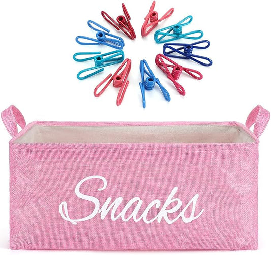 17 Pcs Snack Basket Sets, Snack Storage Bin for Pantry Shelves with 16 Pcs 2 Inch Chip Clips, Basket Organizer for Kitchen Home, Chips, Popcorn, Candy, Pretzels (Pink,Burlap) by Newtay