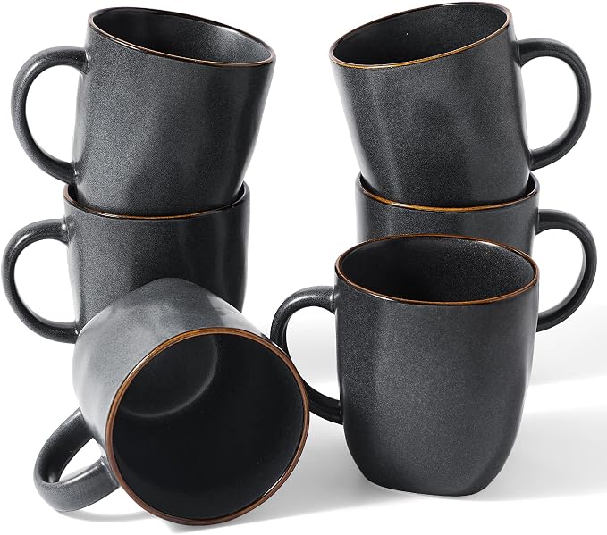 famiware Coffee Mugs Set of 6, Ocean Square 13oz Coffee Cup Set with Handle for Cocoa, Milk, Hot Chocolate, Tea, Water, Stoneware Cups for Kitchen, Microwave and Dishwasher Safe, Matte Black by Famiware